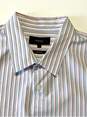 💎🔥Vince Classic Fit Men's Light Blue and Rust Stripe Dress Shirt. Men’s Large